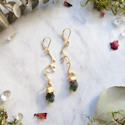 Moldavite Antler Earrings | Made to Order Earrings Shop Dreamers of Dreams