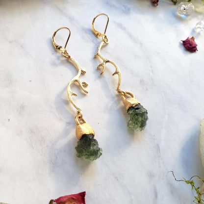 Moldavite Antler Earrings | Made to Order Earrings Shop Dreamers of Dreams