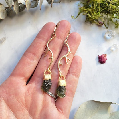 Moldavite Antler Earrings | Made to Order Earrings Shop Dreamers of Dreams